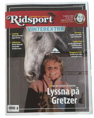 Cover of Ridsport magazine featuring equestrian Maria Gretzer wearing the Riders Denim leopard print and pink teddy jacket.