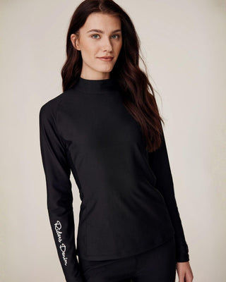 Front view of the black equestrian riding top featuring a high collar and a technical compression fit.