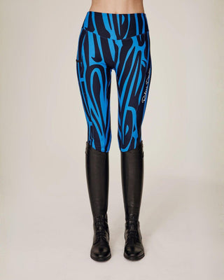 Front view of the blue zebra breeches highlighting the broad waistband and comfortable high-waist design.