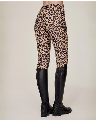 Back view of the leopard print riding breeches showing the high-waisted fit and flattering thick fabric.