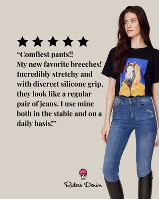 Full body photo of the original jeans breeches including a customer review and testimonial.