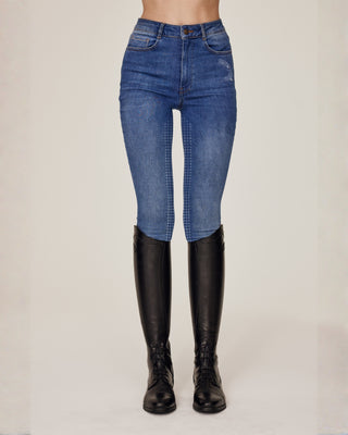 Front view product shot of Riders Denim original jeans breeches showing the classic denim look and equestrian design.