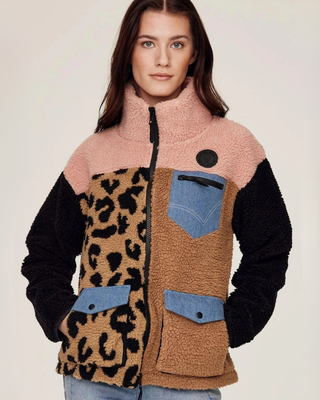 Front view of the Pink and Leo teddy jacket zipped up, featuring pink shoulders, black sleeves, and a leopard print panel.